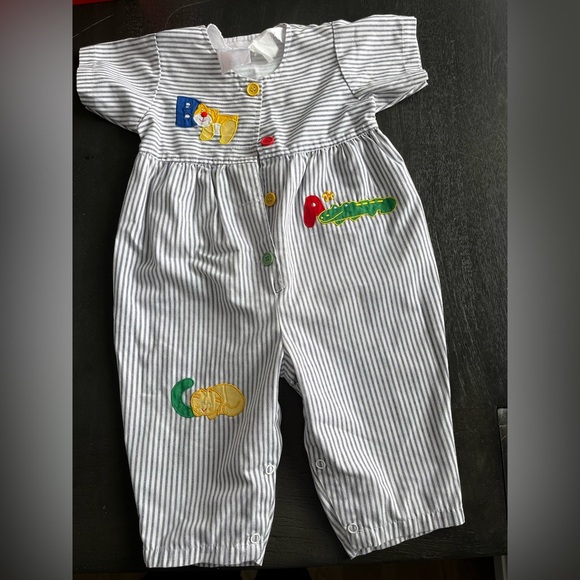 Vintage Sears Baby Romper ABC Animal Print Striped Blue White – Size 20 - Picture 1 of 7
